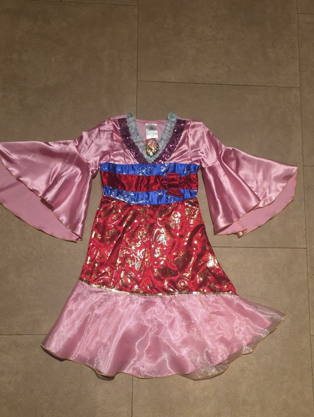 Disney Mulan Pink and Red Princess Dress with Blue Sash. Size 4